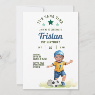 Soccer Rookie 1st Birthday Photo Invitation 