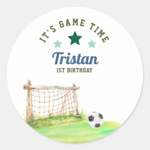 Soccer Rookie “It’s Game Time” First Birthday Classic Round Sticker