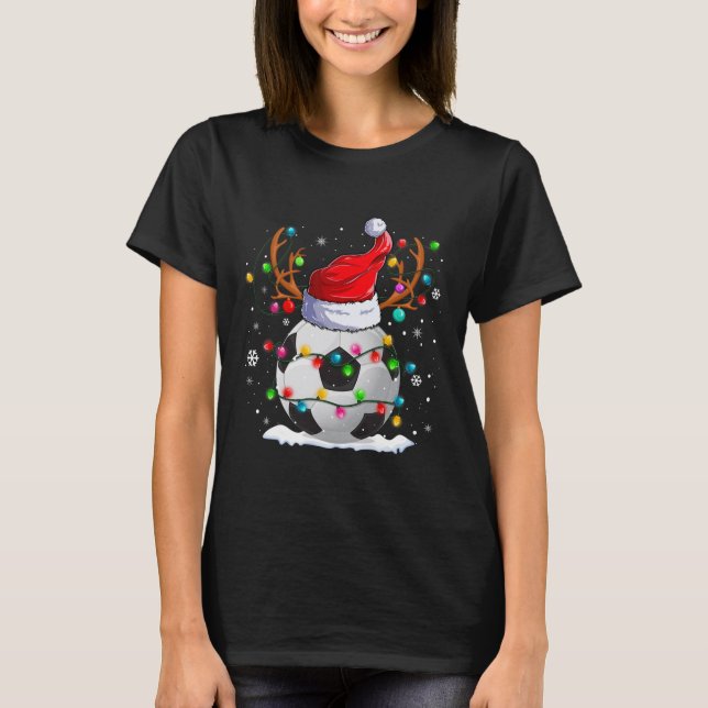 Soccer Santa Hat Reindeer Christmas Lights Fun Xma T-Shirt (Front)