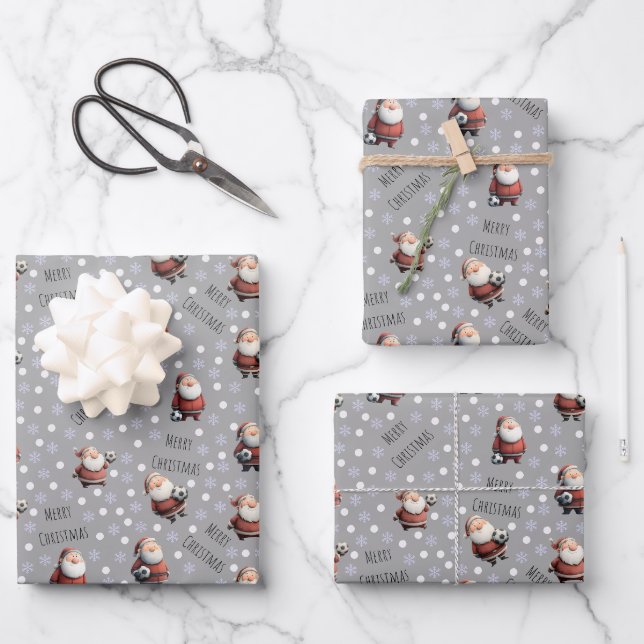 Soccer Santa on Grey Wrapping Paper Sheet (Front)