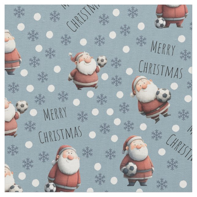 Soccer Santa on Stone Blue Fabric (Close Up)