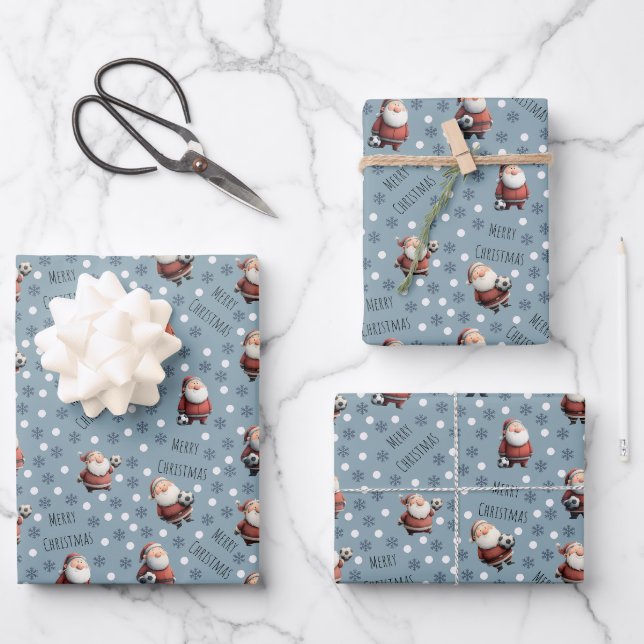 Soccer Santa on Stone Blue Wrapping Paper Sheet (Front)