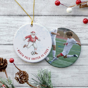 Soccer Santa Personalised Photo Ceramic Tree Decoration