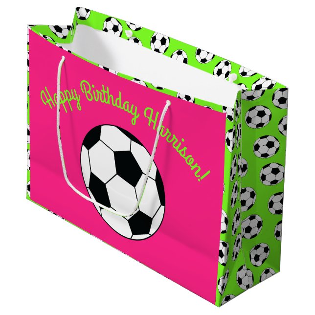 Soccer Sports Birthday Party Pink Large Gift Bag (Front Angled)