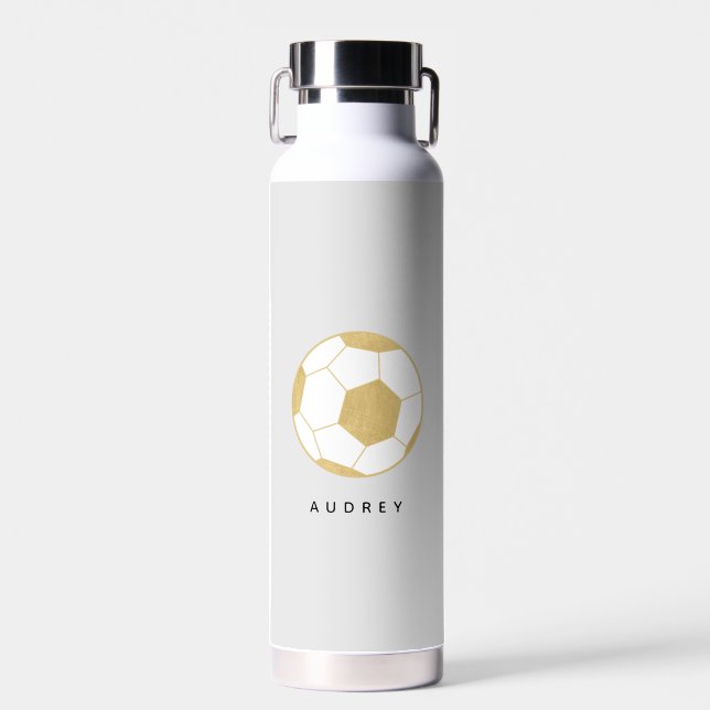 Soccer Sports Custom Name Gold Grey Water Bottle (Front)