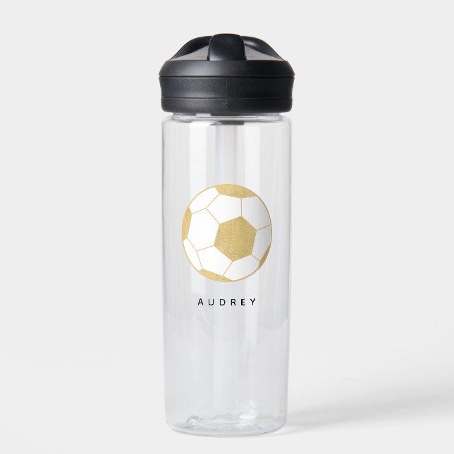 Soccer Sports Custom Name Gold Water Bottle (Front)