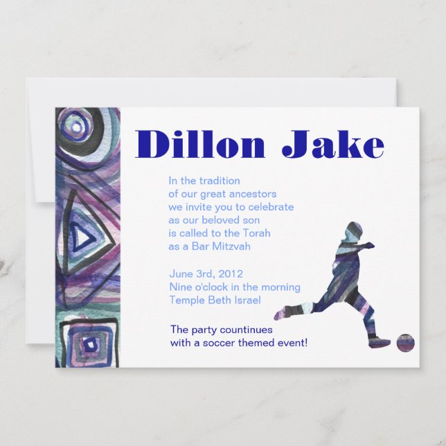 Soccer Sports Invitation Bar Mitzvah Jewish blue (Front)