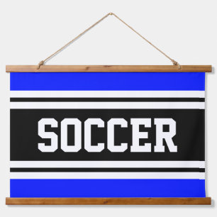SOCCER Sporty Bright Blue Black White Stripes Hanging Tapestry