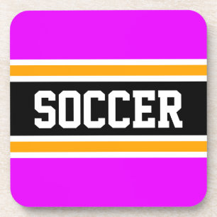 SOCCER Sporty Pink Yellow Black Racing Stripes Coaster
