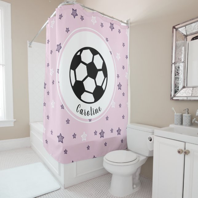 Soccer Star Girls Personalised Cute Pink Pattern Shower Curtain (In Situ)