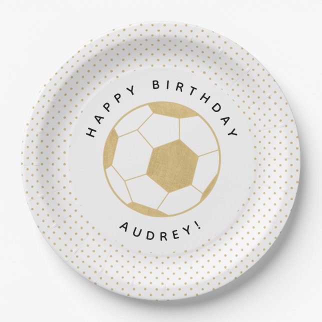 Soccer Star Sports Celebration in Gold and White Paper Plate (Front)