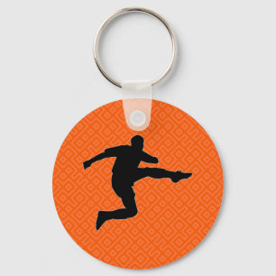 Soccer Striker Over Cool Orange Geometric Pattern Key Ring