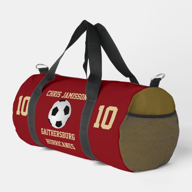 Soccer Team, Coach or Player Red Gold Personalised Duffle Bag (Right Corner)