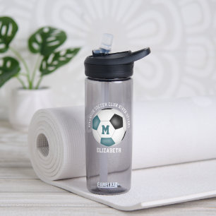 soccer team name with teal black soccer ball water bottle