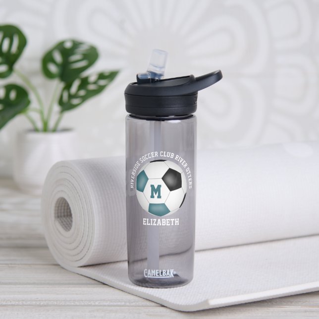 soccer team name with teal black soccer ball water bottle (Yoga)
