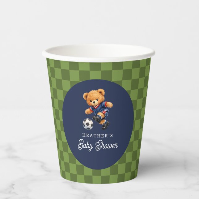 Soccer Teddy Bear Checkboard Baby Shower Paper Cups (Front)