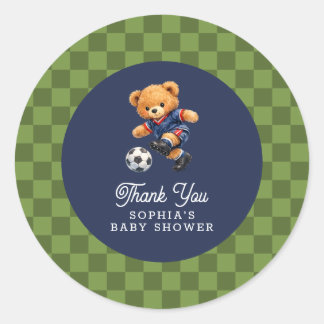 Soccer Teddy Bear Checkboard Retro Baby Shower Classic Round Sticker