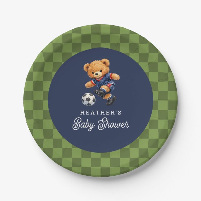 Soccer Teddy Beary Checkboard Retro Baby Shower Paper Plate (Front)