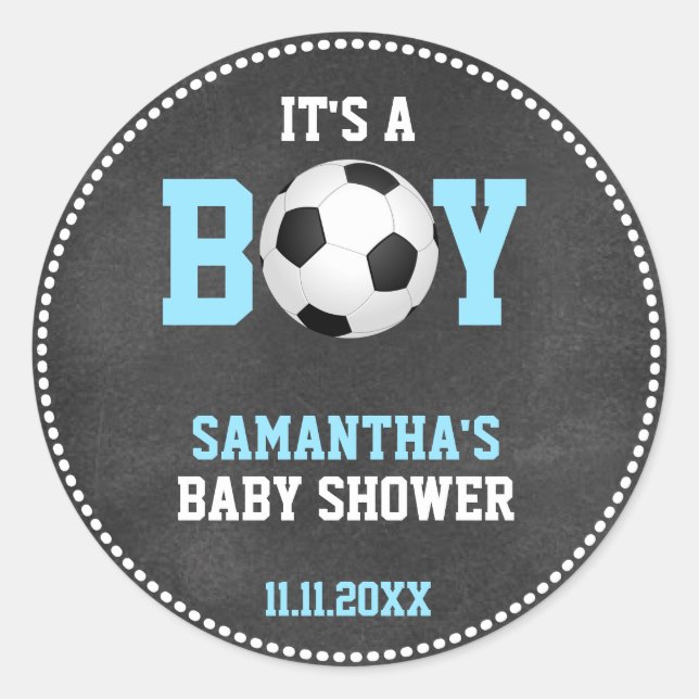 Soccer Theme Baby Shower Chalkboard Blue Boy Classic Round Sticker (Front)