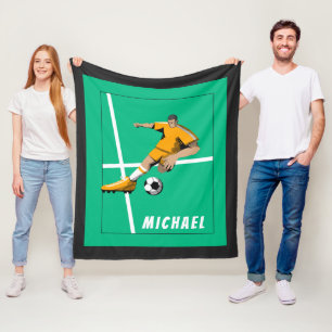 Soccer Theme Player Illustration Sports Team Green Fleece Blanket