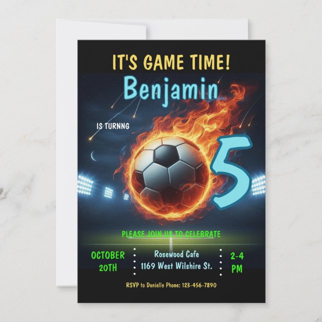 Soccer themed birthday party invitation (Front)