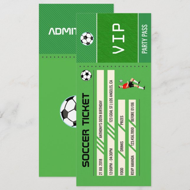 Soccer themed Birthday Party Ticket Entrance Invitation (Front/Back)
