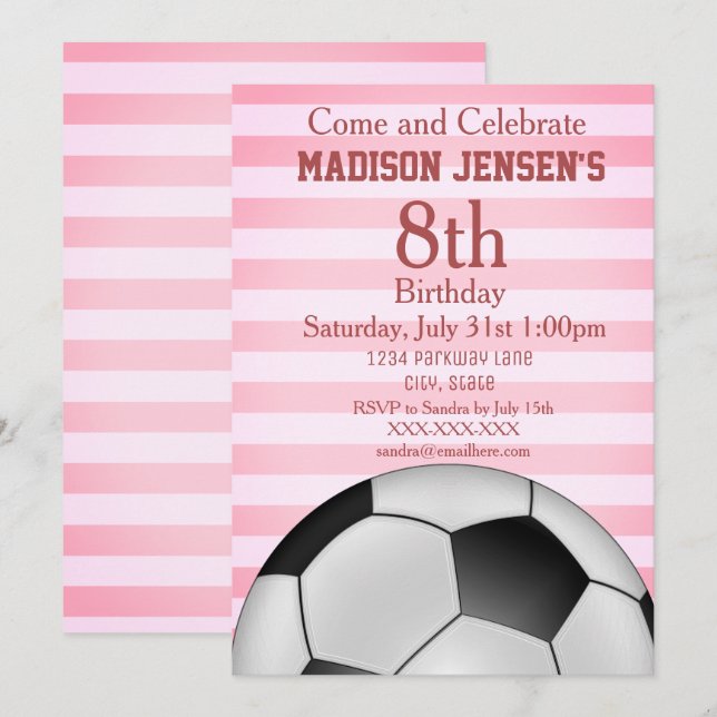 Soccer Themed Sports Girl's Birthday Invitation (Front/Back)