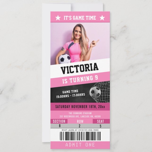 Soccer Ticket Sports Birthday Invitation | Pink (Front)