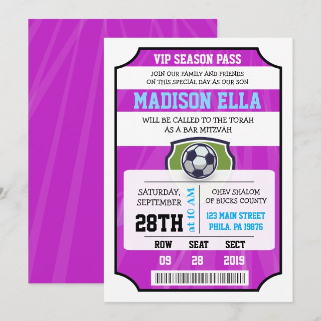 SOCCER VIP TICKET Bat Mitzvah Invitation (Front/Back)