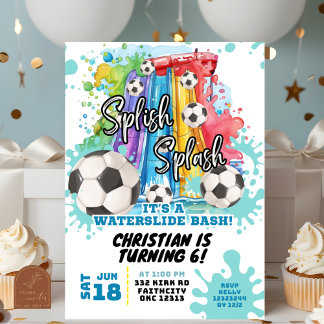 Soccer Waterslide Pool Party Birthday Invitation