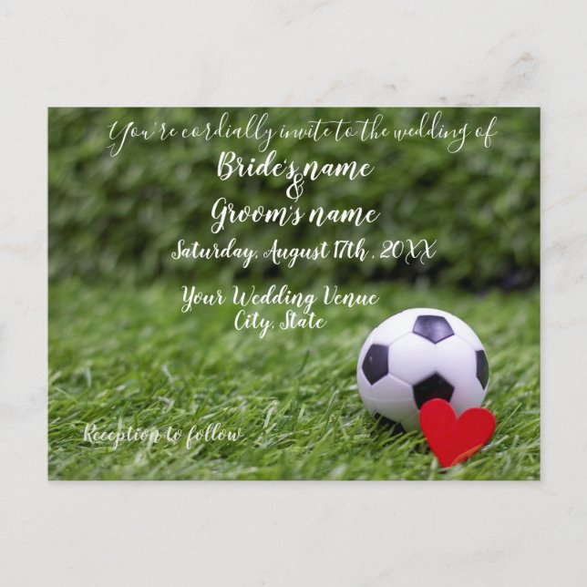 Soccer wedding with soccer ball and red heart  postcard (Front)