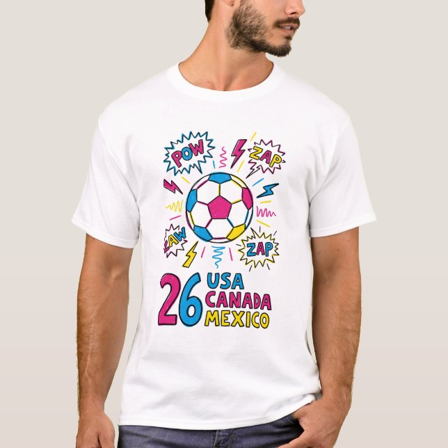 Soccer World Cup 2026 USA Canada Mexico Neon Comic T-Shirt (Front)