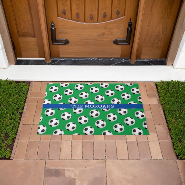 Soccerball Pattern, White Name, Blue & Green Doormat (Outdoor)