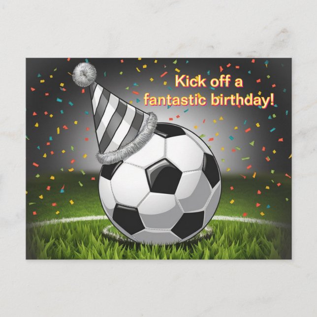 soccerball wearing birthday hat confetti birthday postcard (Front)