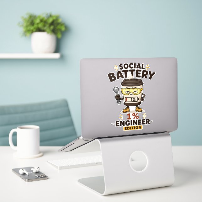 Social Battery 1% Funny Engineer Laptop Sticker (Laptop On Desk)
