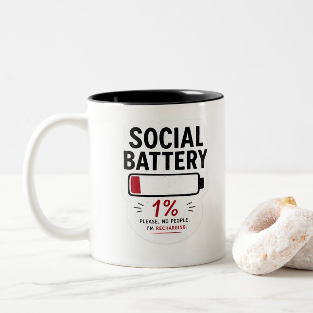 Social Battery Low Funny Introvert Sticker | Pleas Two-Tone Coffee Mug (With Donut)