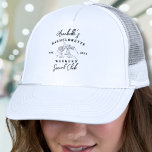 Social Club Vintage Bachelorette Party Trucker Hat<br><div class="desc">Preppy Bachelorette Weekend Social Club Hat. Complete your bachelorette weekend look with this stylish Social Club-themed hat. Featuring a classic black logo with bold typography, this design brings a polished yet playful touch to the celebration. The logo includes the bride’s name, "Bachelorette Weekend Social Club, " and the established year...</div>