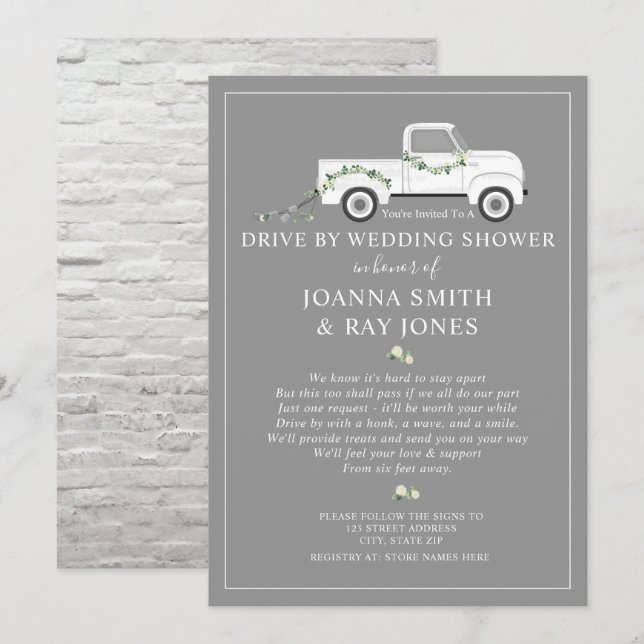 Social Distance Drive By Bridal Shower White Truck Invitation (Front/Back)