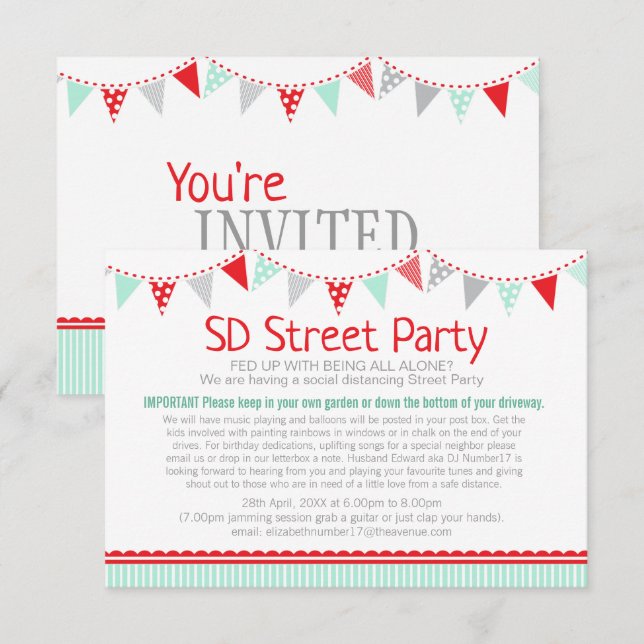 Social distancing street party bunting red green invitation (Front/Back)