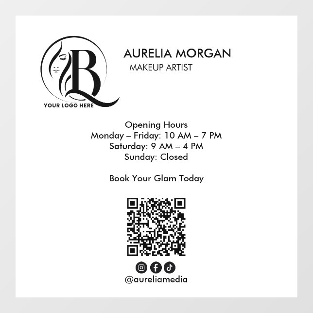 Social Icon Qr Code Makeup Artist Opening Hours Window Cling (Sheet)