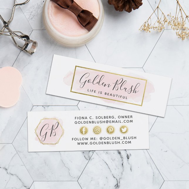 Social Influencer Blush Pink Watercolor & Gold Mini Business Card (Creator Uploaded)