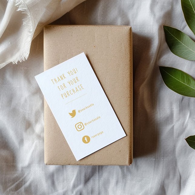 Social Links, gold and white order insert Card. (Gold on white fun text social media enclosure card to say thank you to your customers)