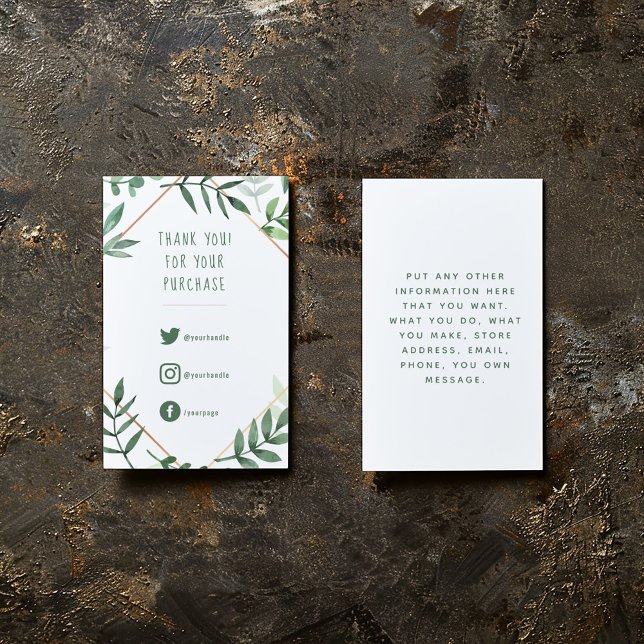 Social Links, green leaves order insert Card. (Green leaves and gold border, fun text enclosure card to say thank you to your customers.)