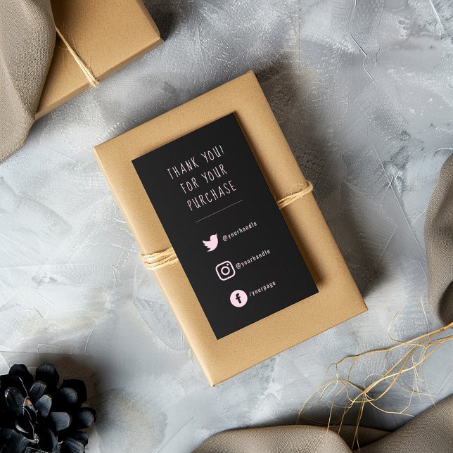 Social Links, pink and black order insert Card. (Pink on black fun text social media enclosure card to say thank you to your customers)