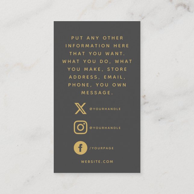 Social logos, grey and gold order insert Card. (Back)