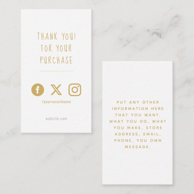 Social logos, white and gold order insert Card. (Front/Back)