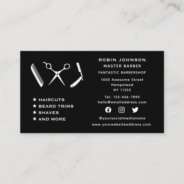 Social Media Barber Barbershop Beard Trim Shave Business Card (Front)