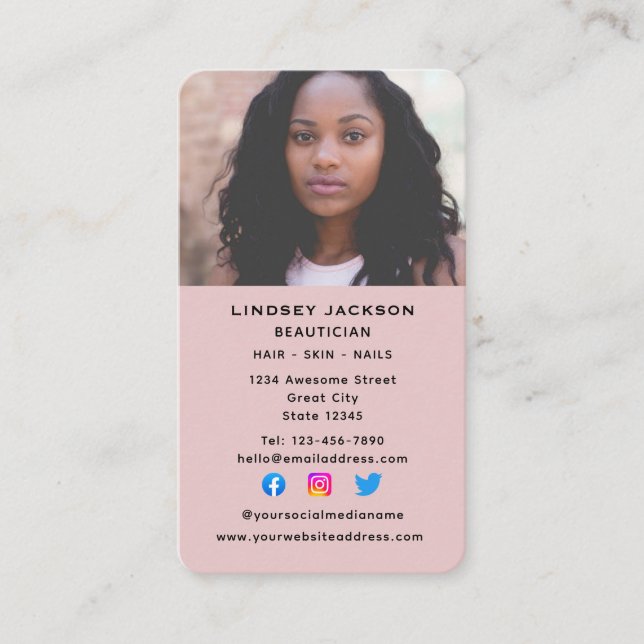 Social Media Beautician Cosmetologist Vertical Business Card (Front)