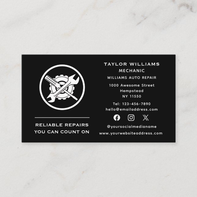Social Media Black And White Wrench Auto Repair Business Card (Front)