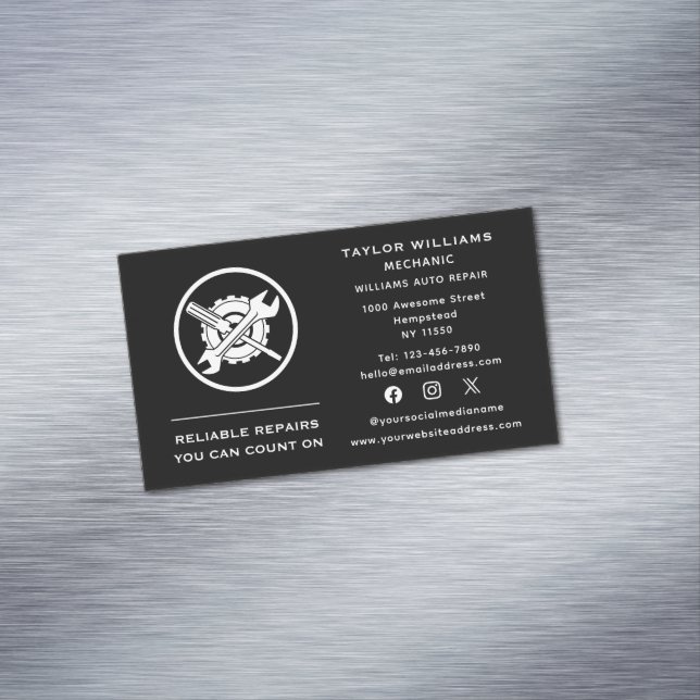 Social Media Black And White Wrench Auto Repair Magnetic Business Card (In Situ)